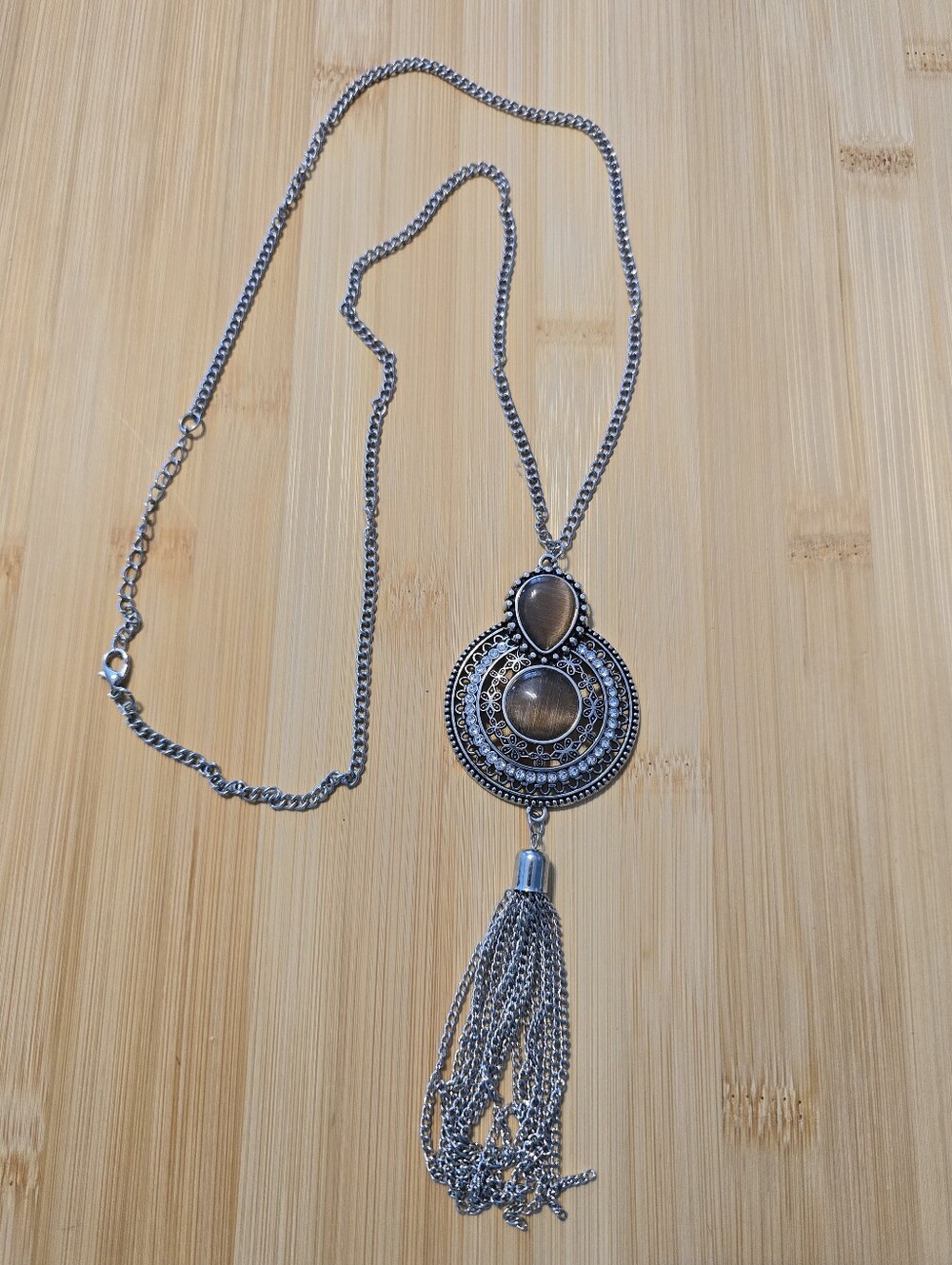 🤎🐈Brown Cat’s Eye Medallion Long Pendant Tassel Necklace